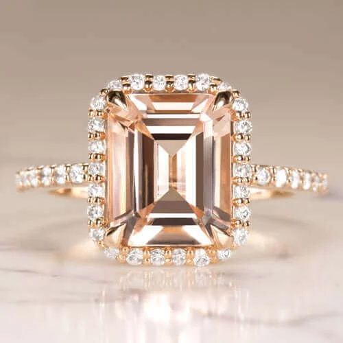 Everyday Engagement Rings -2.7ct EMERALD CUT PEACH MORGANITE 0.62c DIAMOND ENGAGEMENT RING HALO ROSE GOLD