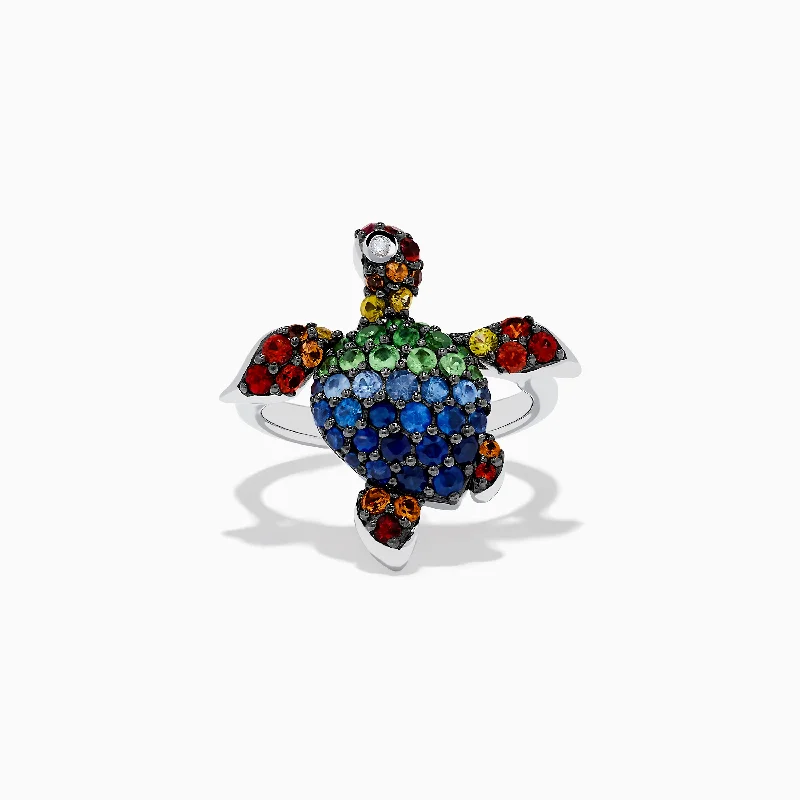 heart-shaped women's rings -925 Seaside Sterling Silver Mutli Sapphires Turtle Ring