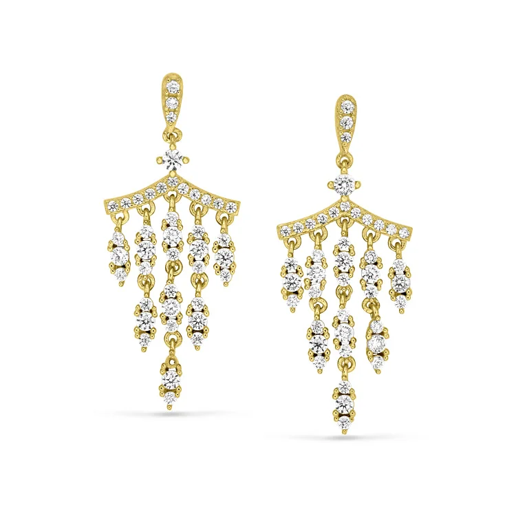 Ladies Cuff Earrings -Gold Finish Sterling Silver Micropave Chandelier Earrings with Simulated Diamonds