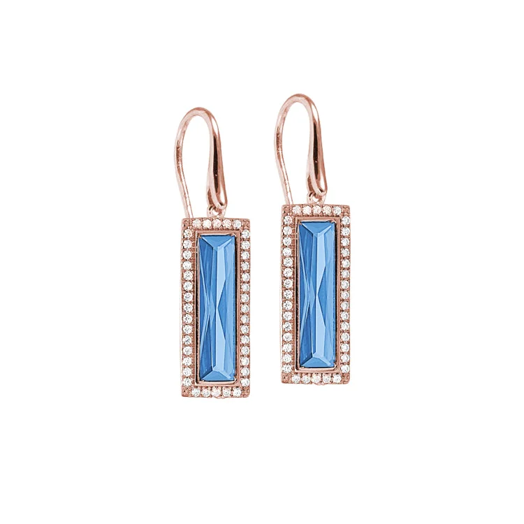 Ladies Smooth Earrings -Rose Gold Finish Sterling Silver Earrings with Rectangular Simulated Blue Topaz Stones and Simulated Diamonds