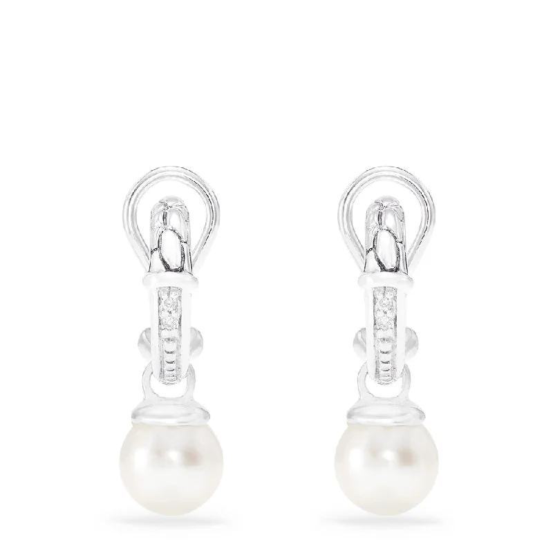 Ladies Heavy Earrings -925 Sterling Silver Cultured Pearl and Diamond Earrings, 0.03 TCW