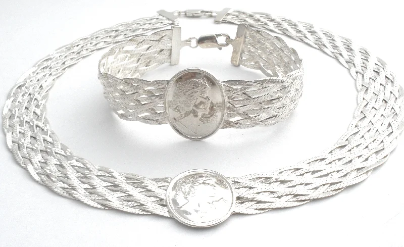 Ladies Bracelets with Pearls-Sterling Silver Braided Cameo Necklace & Bracelet Set Milor