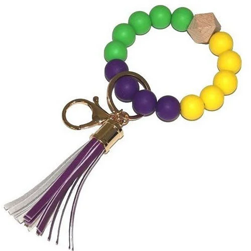 Ladies Bracelets for Anniversary-Mardi Gras Keychain W/ Beads & Tassel Bracelet