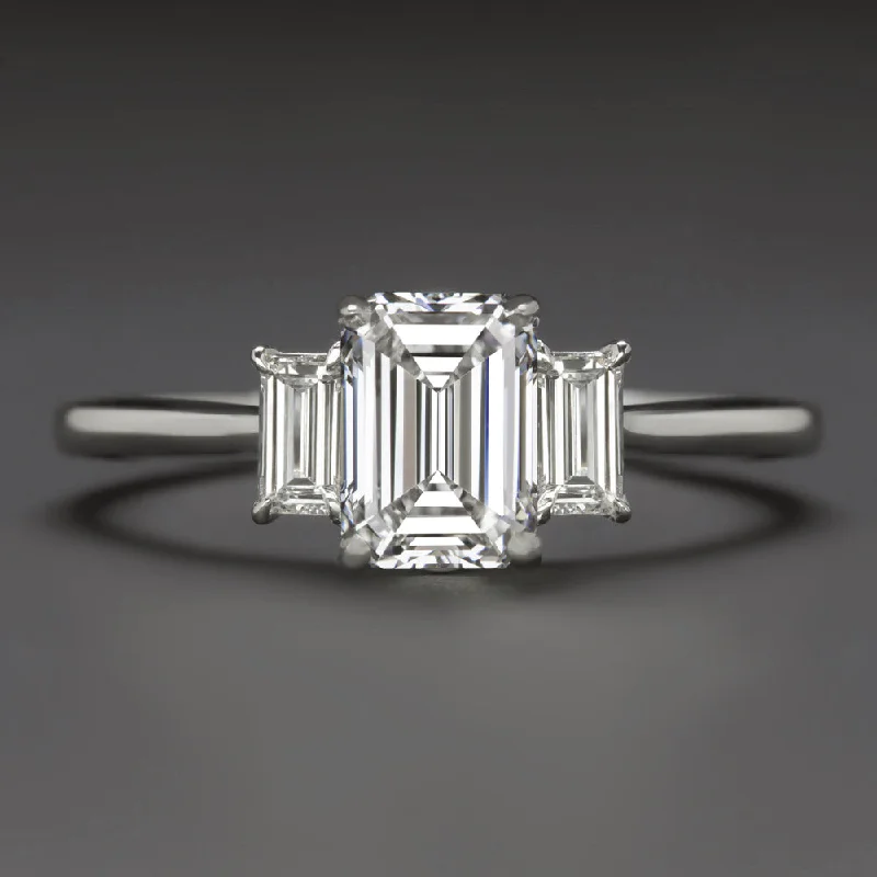 Mixed Metal Engagement Rings -1.5 CARAT LAB CREATED DIAMOND ENGAGEMENT RING 3 STONE EMERALD CUT 14k WHITE GOLD