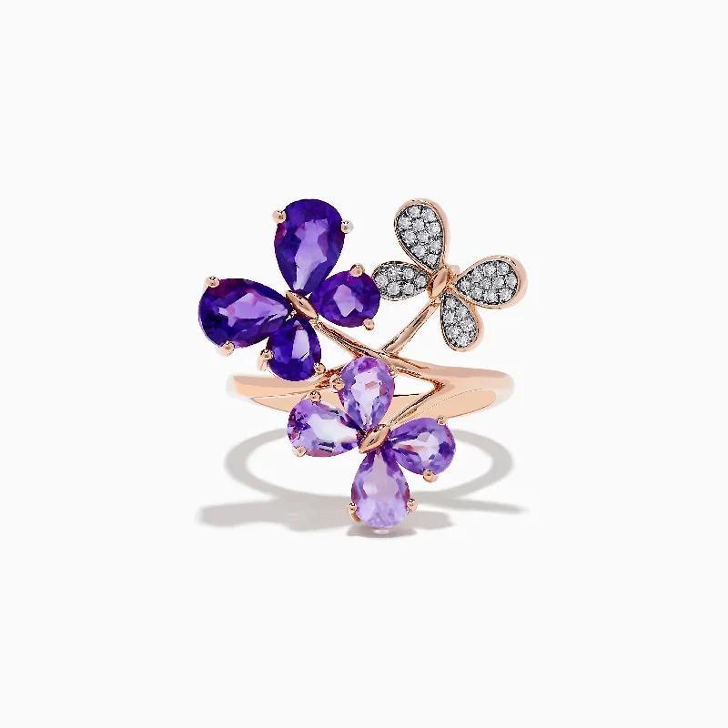 solitaire women's rings -14K Rose Gold Amethyst and Diamond Multi-Butterfly Ring