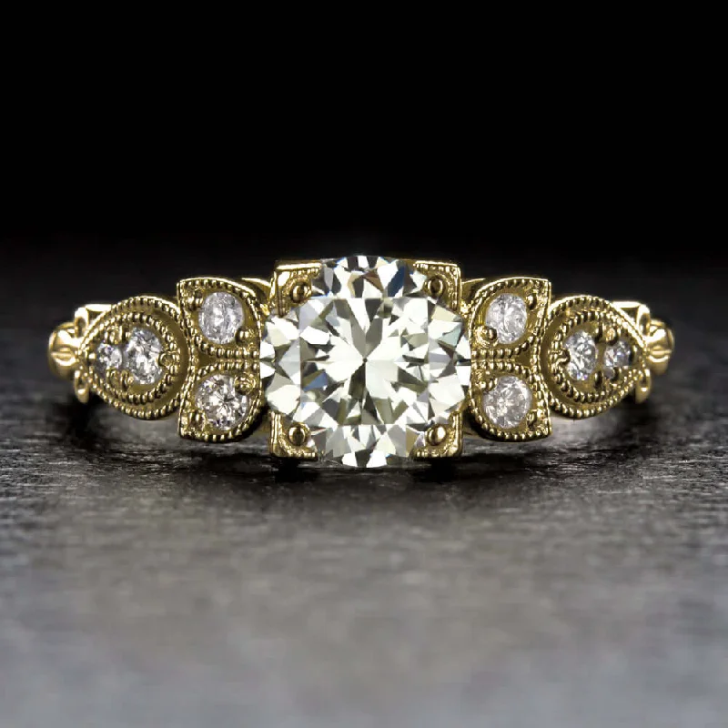 Thin Band Engagement Rings -1.06ct O-P VS2 VINTAGE STYLE ROUND DIAMOND ENGAGEMENT RING GOLD NATURAL 1ct