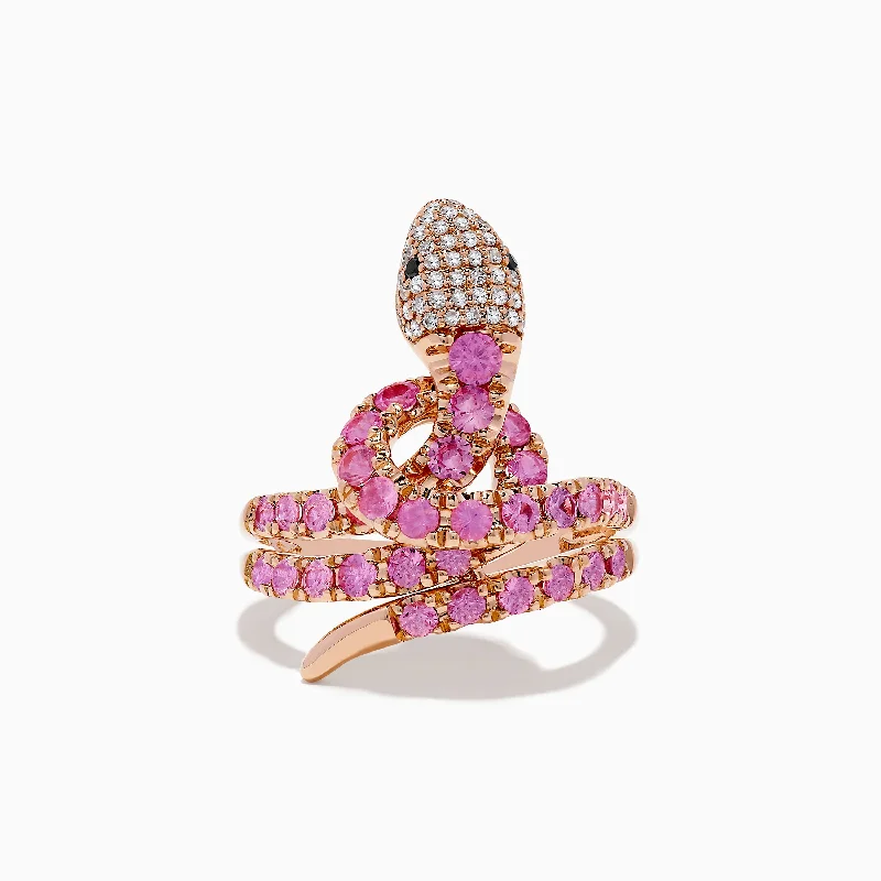 trillion-cut women's rings -Safari 14K Rose Gold Multi Diamond and Pink Sapphire Snake Ring