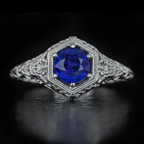 Galaxy Engagement Rings -VINTAGE STYLE 1ct NATURAL SAPPHIRE ART NOUVEAU ENGAGEMENT RING FLORAL COCKTAIL