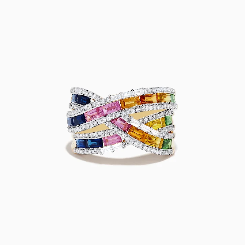 stackable women's rings -Watercolors 14K Gold Multi Sapphire and Diamond Crossover Ring