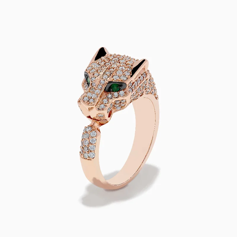 two-tone women's rings -Signature 14K Rose Gold Emerald and Diamond Panther Ring