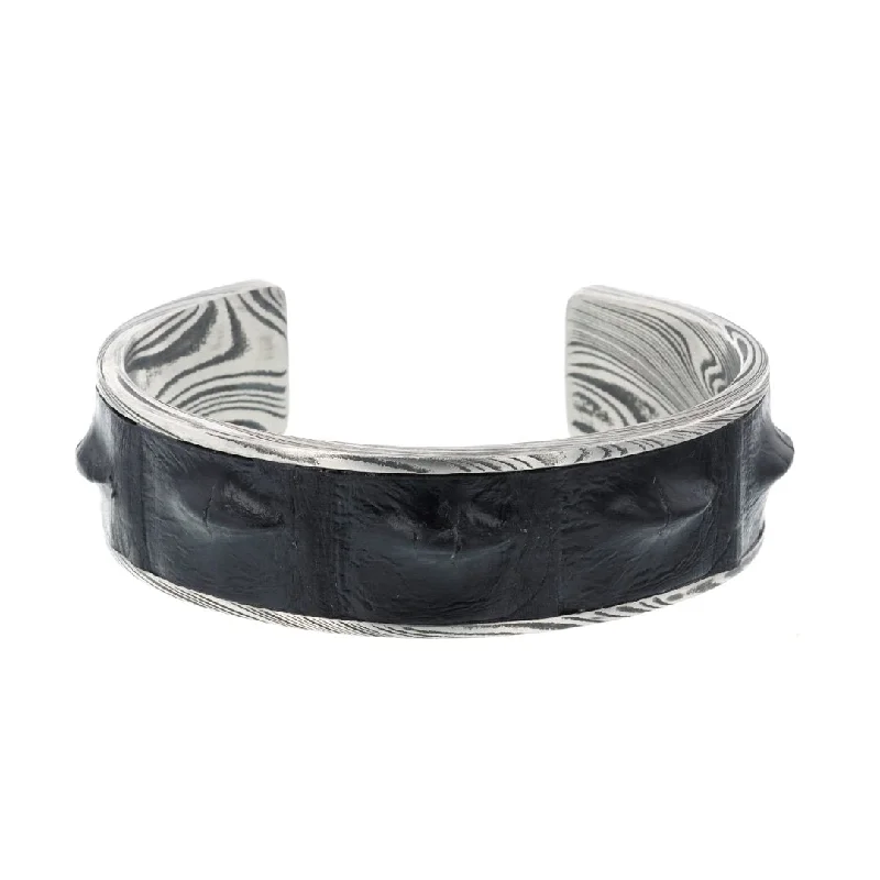 Ladies Bracelets with Tourmaline-Black Crocodile Damascus Steel Cuff Bracelet