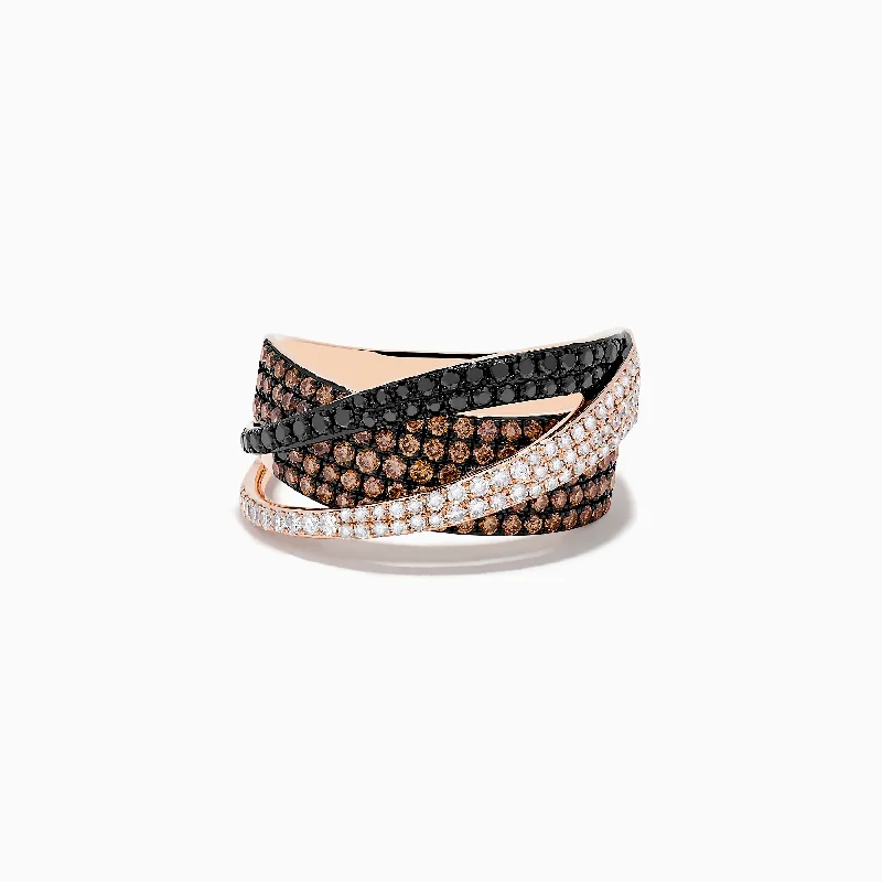 bridal women's rings -14K Rose Gold Black, Brown and White Diamond Crossover Ring 1.15 TCW