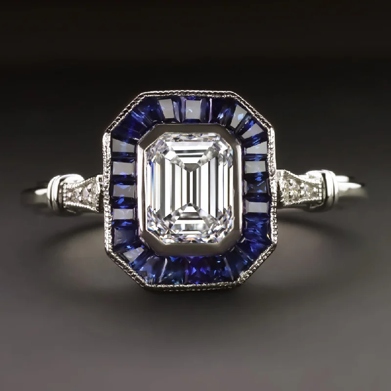 Sentimental Engagement Rings -DIAMOND SAPPHIRE ENGAGEMENT RING VINTAGE STYLE GIA CERTIFIED H VS2 EMERALD CUT