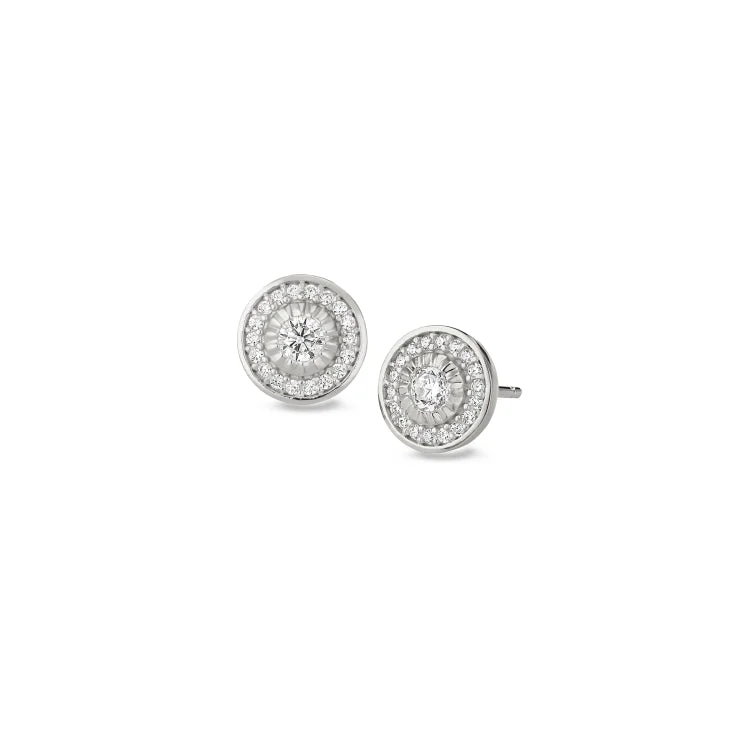 Ladies Bar Earrings -Platinum Finish Sterling Silver Micropave Halo Earrings with Simulated Diamonds