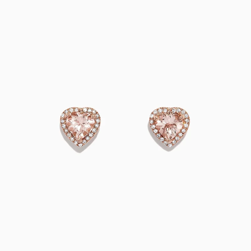 Ladies Mother’s Day Earrings -Blush 14K Rose Gold Morganite and Diamond Heart Earrings, 1.87 TCW