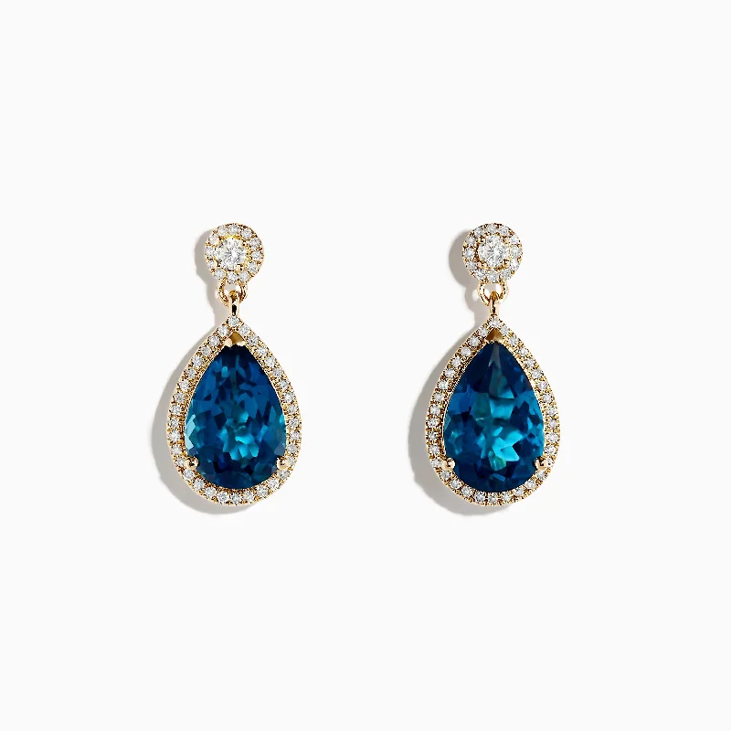 Ladies Threader Earrings -14K Yellow Gold London Blue Topaz and Diamond Earrings