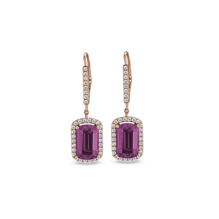 Ladies Celestial Earrings -Rose Gold Finish Sterling Silver Micropave Emerald Cut Pink Stone Earrings with Simulated Diamongs