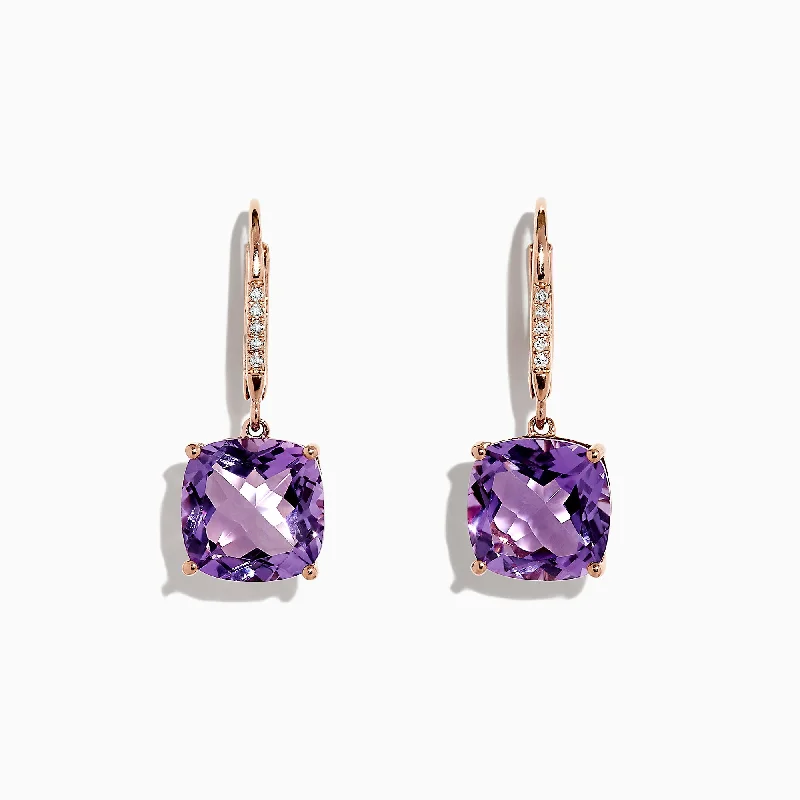 Ladies Pearl Earrings -14K Rose Gold Amethyst and Diamond Earrings, 8.12 TCW