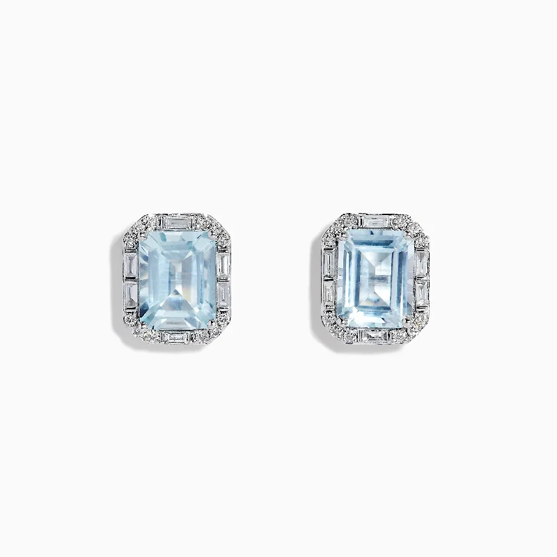 Ladies White Gold Earrings -Aquarius 14K White Gold Diamond and Aquamarine Stud Earrings