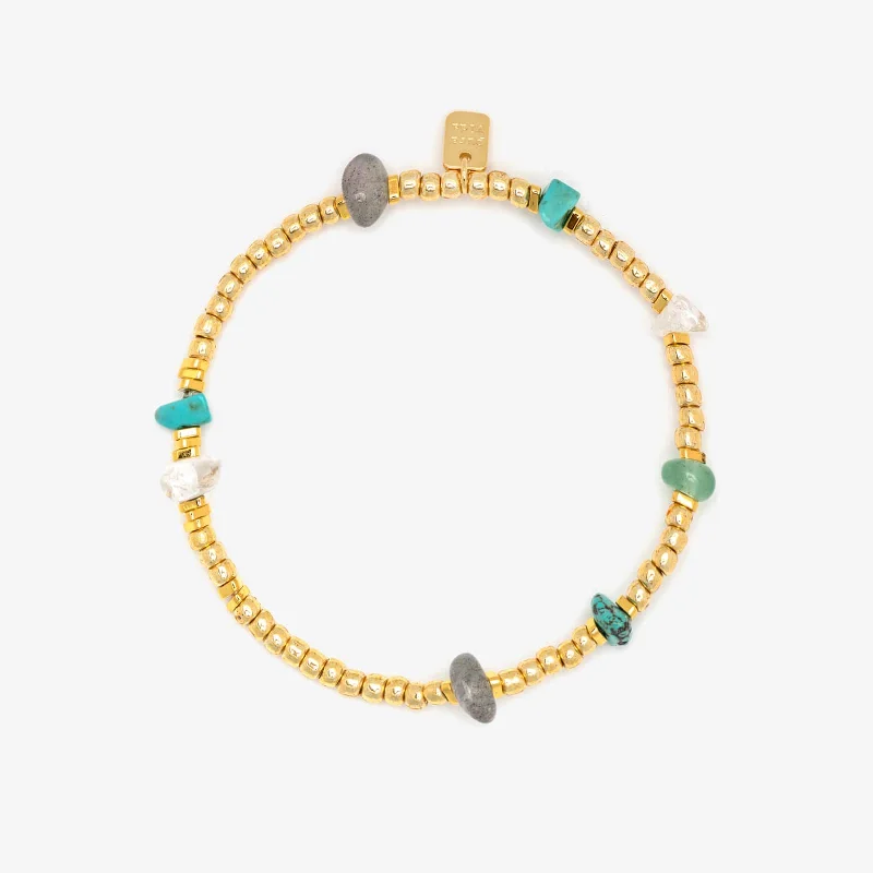 Ladies Bracelets with Lockets-Gold Bead and Stone Chip Stretch Bracelet