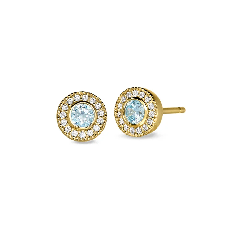 Ladies Engraved Earrings -Gold Finish Sterling Silver Micropave Round Simulated Aquamarine Earrings with Simulated Diamonds