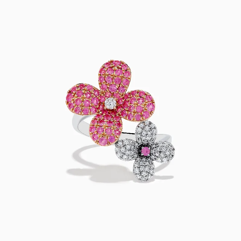 custom-made women's rings -Nature 14k Two Tone Gold Pink Sapphire and Diamond Flower Ring