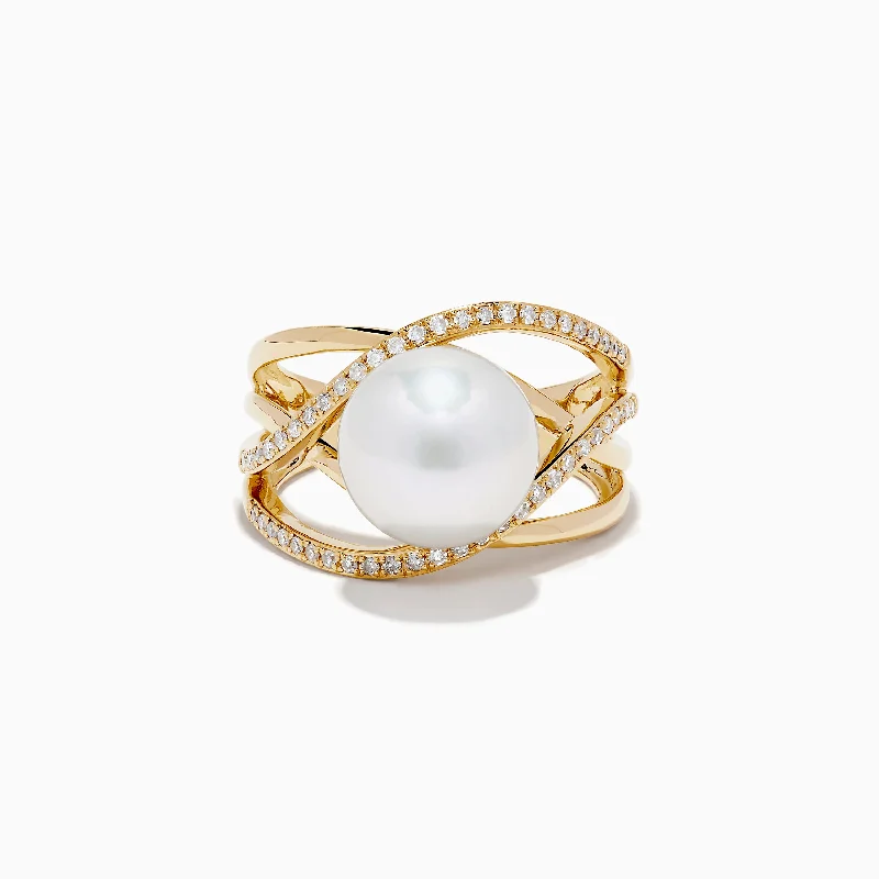 custom-made women's rings -14K Yellow Gold Cultured Fresh Water Pearl and Diamond Crossover Ring