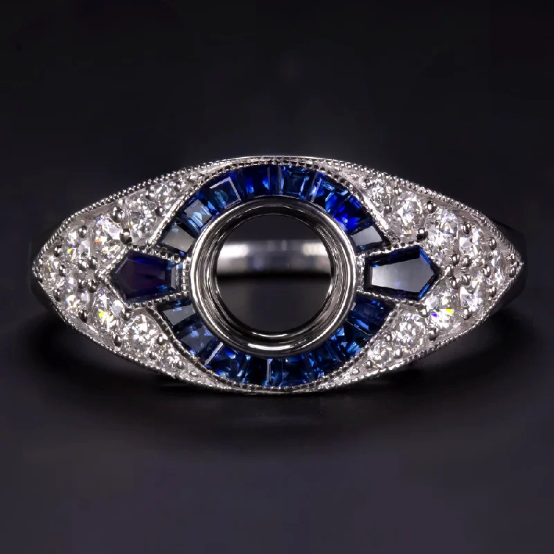 Mystical Engagement Rings -SAPPHIRE DIAMOND ENGAGEMENT RING SETTING ROUND VINTAGE ART DECO WHITE GOLD 3/4ct