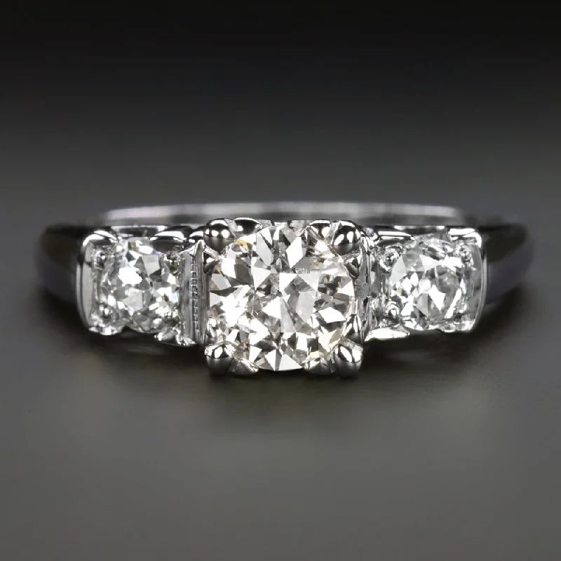 Quirky Engagement Rings -VINTAGE DIAMOND ENGAGEMENT RING 1.02ct OLD EUROPEAN CUT 3 STONE WHITE GOLD 1ct