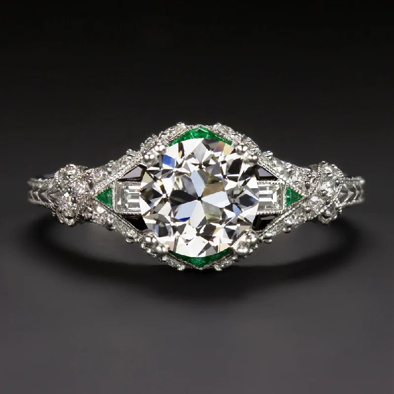 Ethical Engagement Rings -1.32ct GIA OLD EUROPEAN CUT DIAMOND ENGAGEMENT RING VINTAGE STYLE EMERALD ONYX