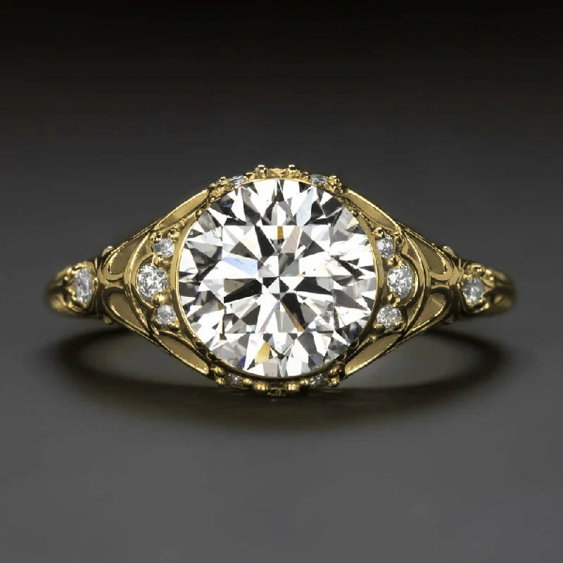 Whimsical Engagement Rings -2ct CERTIFIED DIAMOND ENGAGEMENT RING VINTAGE STYLE YELLOW GOLD FILIGREE ROUND