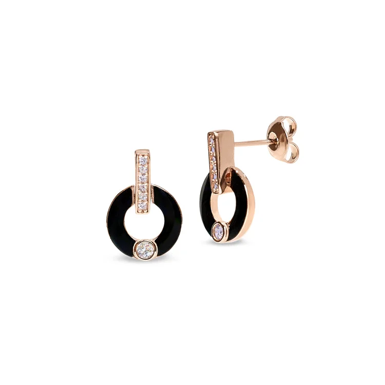 Ladies Anniversary Earrings -Rose Gold Finish Sterling Silver Micropave Round Drop Earrings with Black Enamel and Simulated Diamonds