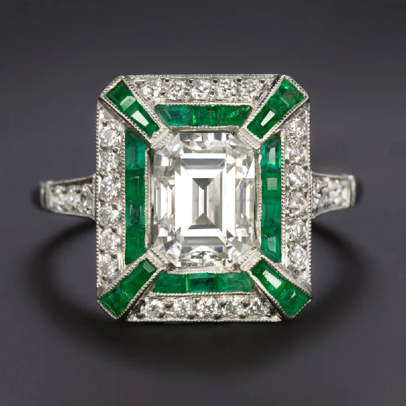 Pearl Engagement Rings -1.57ct DIAMOND EMERALD ENGAGEMENT RING VINTAGE STYLE PLATINUM ART DECO 1.5ct