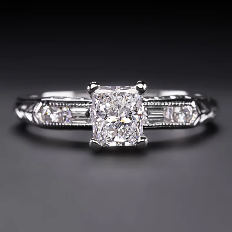 Star Engagement Rings -RADIANT CUT DIAMOND ENGAGEMENT RING D-E VS2 PLATINUM NATURAL .82ct VINTAGE STYLE