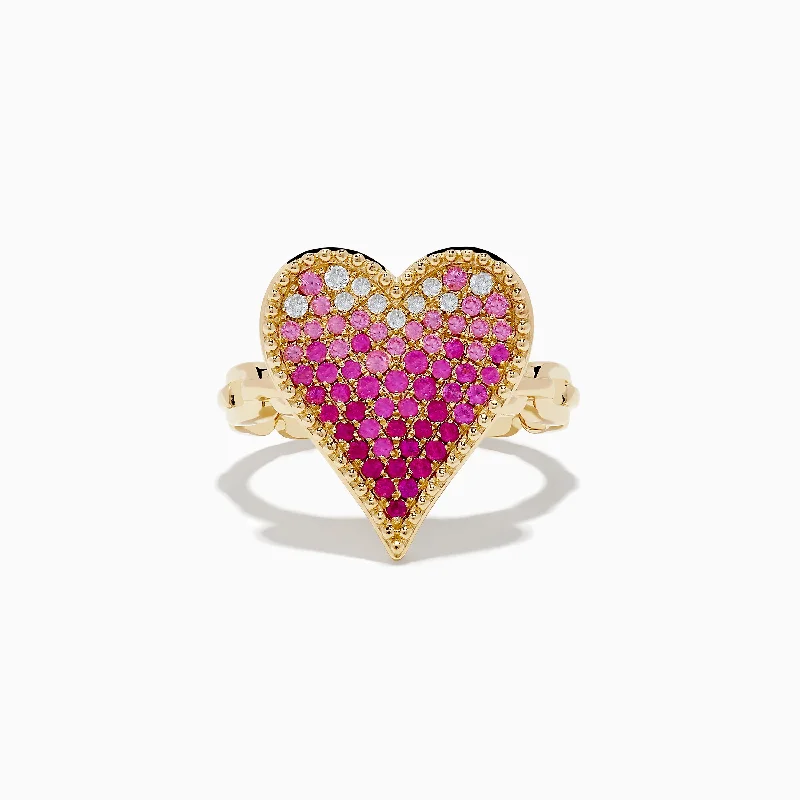 open-ended women's rings -Novelty 14K Yellow Gold Pink Sapphire and Diamond Heart Ring