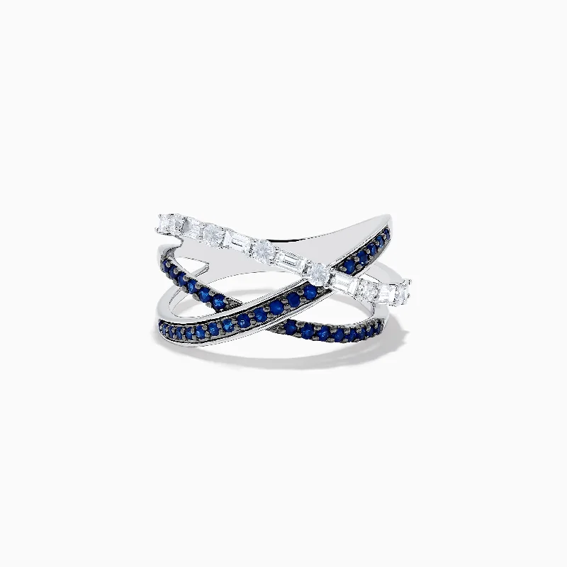 birthstone women's rings -Royale Bleu 14K White Gold Blue Sapphire and Diamond Crossover Ring