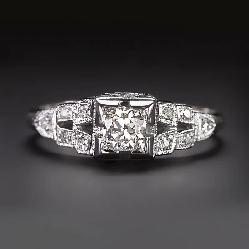 Affordable Engagement Rings -ART DECO DIAMOND ENGAGEMENT RING 18k WHITE GOLD OLD EUROPEAN CUT VINTAGE ESTATE