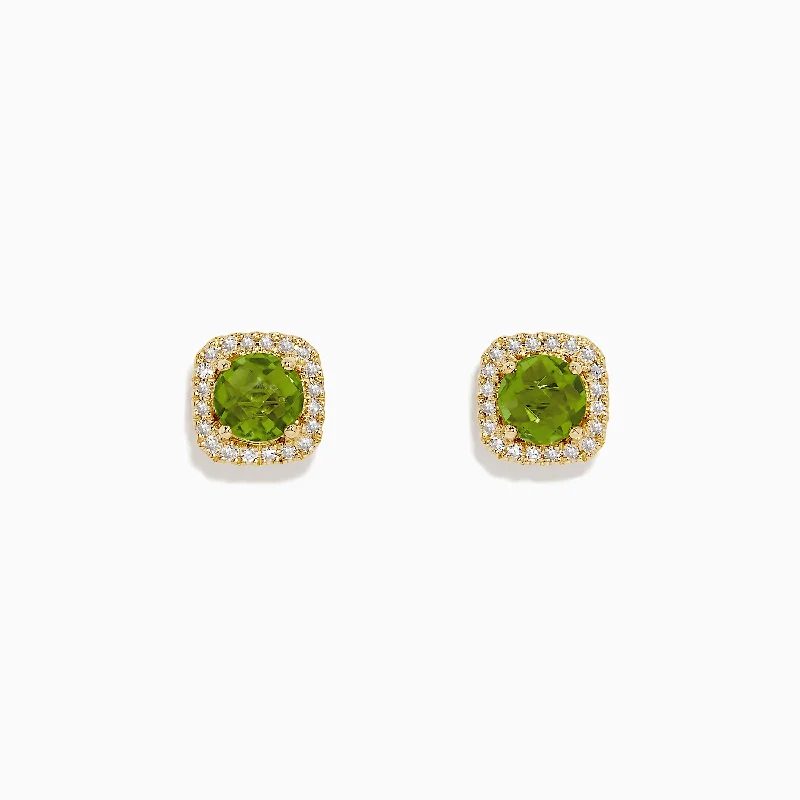 Ladies Monochrome Earrings -14K Yellow Gold Peridot and Diamond Stud Earrings, 1.99 TCW