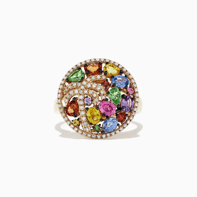 good luck women's rings -14K Yellow Gold Multi Sapphire and Diamond Palm Tree Ring, 2.42 TCW