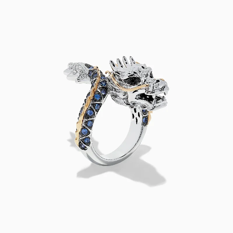 moissanite women's rings -Safari Sterling Silver and 14K Gold Sapphire Dragon Ring, 0.79 TCW