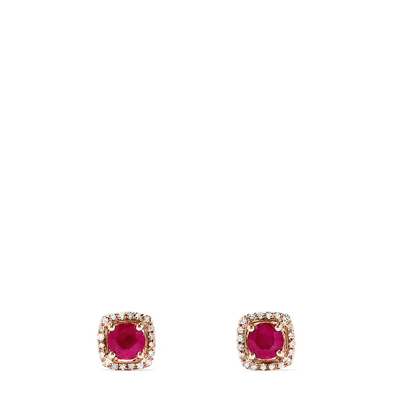 Ladies Symmetrical Earrings -Ruby Royale 14K Rose Gold Ruby and Diamond Stud Earrings, 1.26 TCW