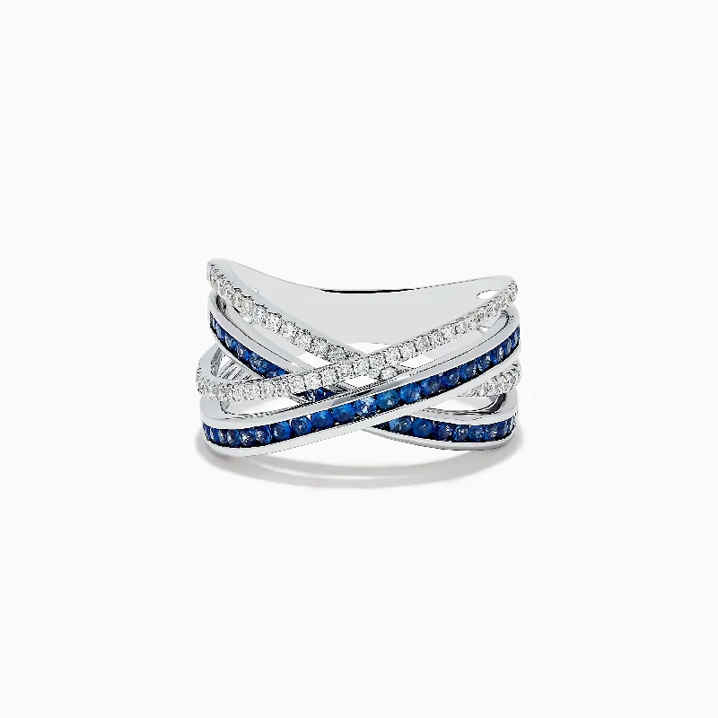 ocean-themed women's rings -14K White Gold Blue Sapphire and Diamond Crossover Ring