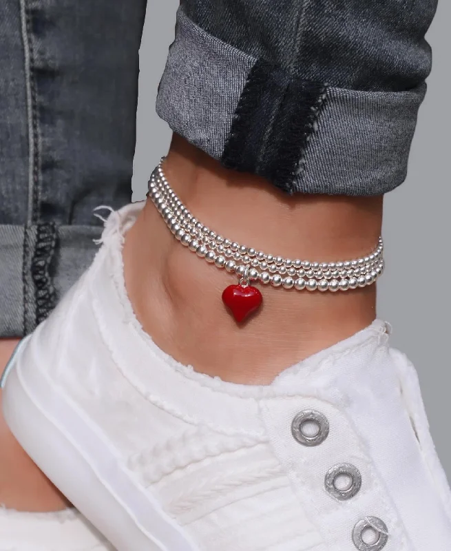 Ladies Bracelets Feather Charm-925 Sterling Silver Stretch Red Heart Anklet, Sterling Silver Anklet, Ankle Bracelet, Heart, Anklet