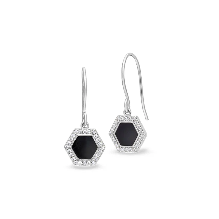 Ladies Travel Earrings -Platinum Finish Sterling Silver Micropave Black Enamel Hexagon Earrings with Simulated Diamonds