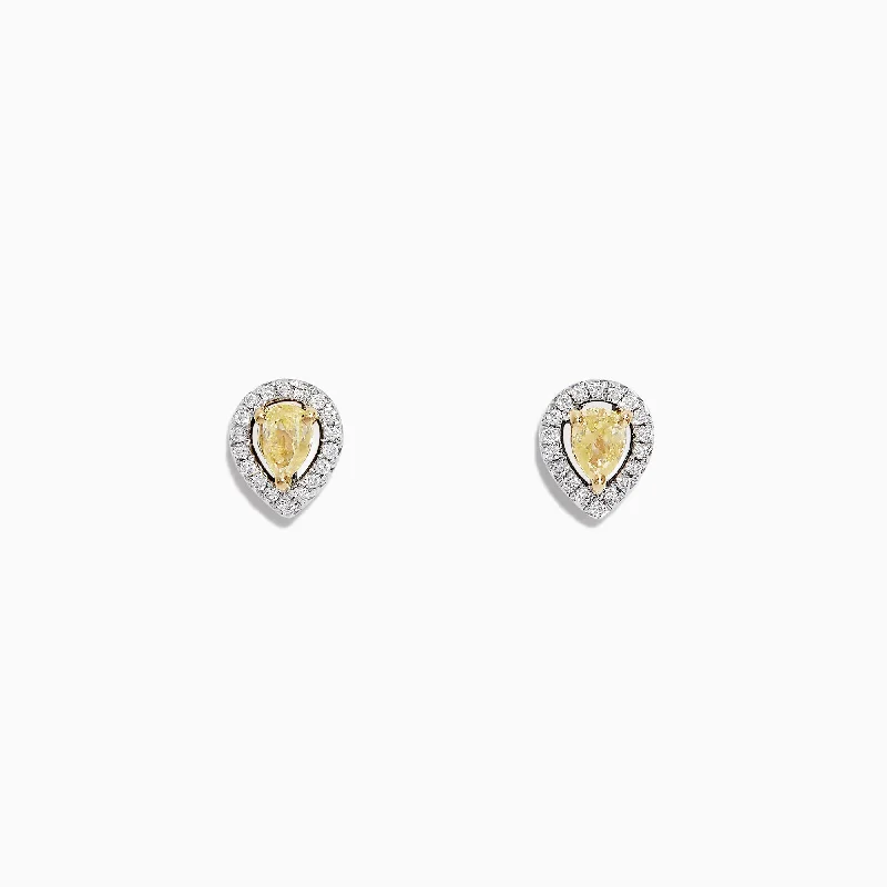 Ladies Friendship Earrings -Canare 18K Two Tone Gold Pear Halo Yellow Diamond Stud Earrings, 0.36 TCW