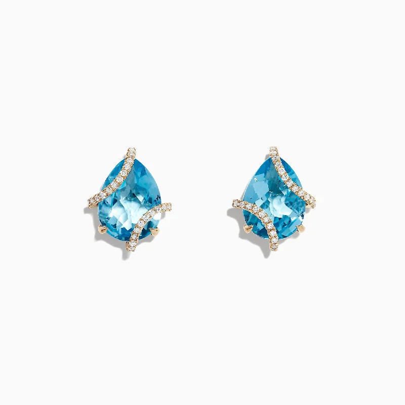 Ladies Sister Earrings -Ocean Bleu 14K Yellow Gold Blue Topaz and Diamond Earrings, 9.70 TCW