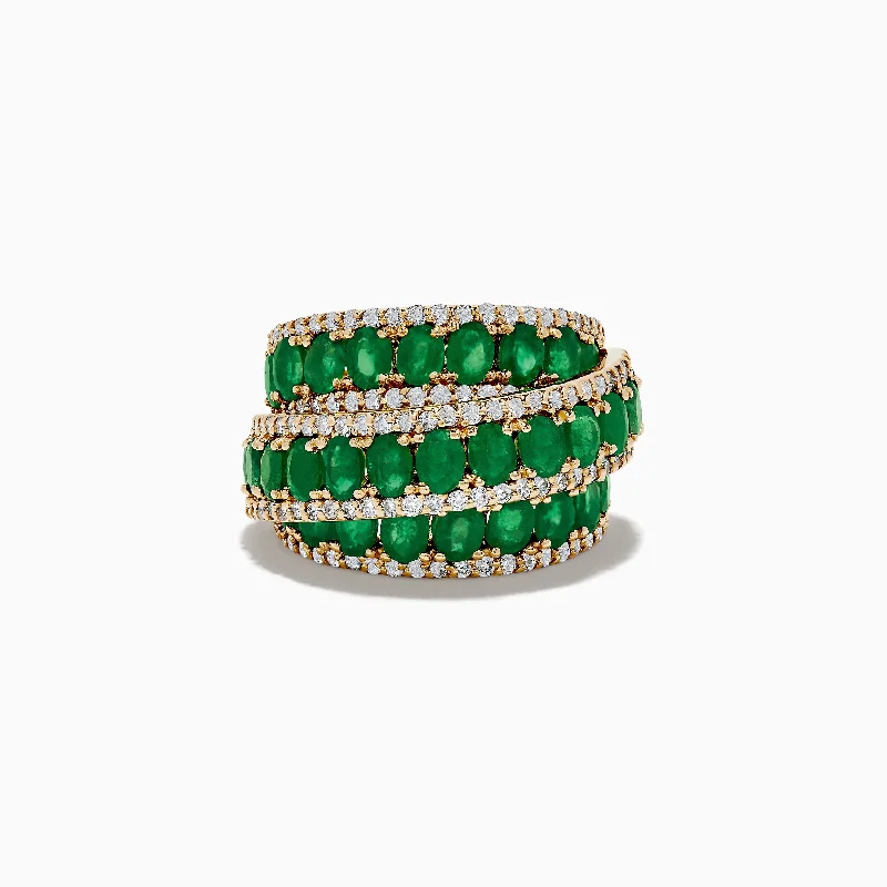 casual women's rings -Limited Edition 14K Yellow Gold Emerald and Diamond Cocktail Ring 7.14 TCW