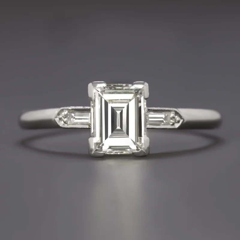 Morganite Engagement Rings -1 CARAT VINTAGE EMERALD CUT DIAMOND ENGAGEMENT RING F-G VS PLATINUM 3 STONE 1ct