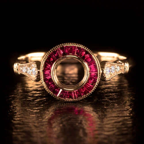 Sentimental Engagement Rings -ART DECO STYLE RUBY DIAMOND HALO ENGAGEMENT RING ROSE GOLD SETTING 5mm ROUND