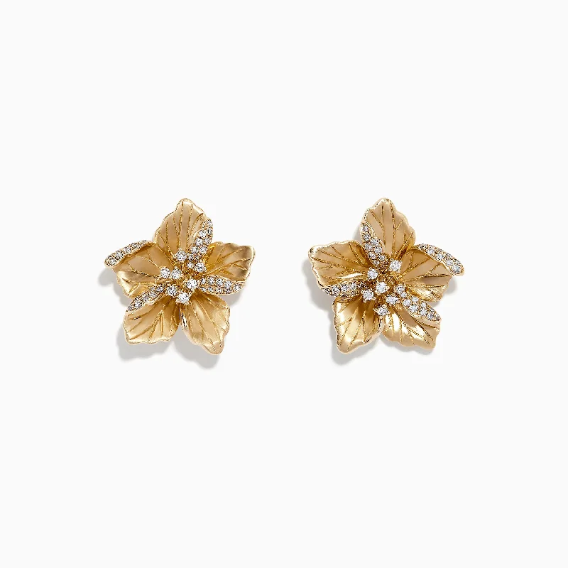 Ladies Topaz Earrings -Nature 14K Yellow Gold Diamond Flower Earrings, 0.32 TCW